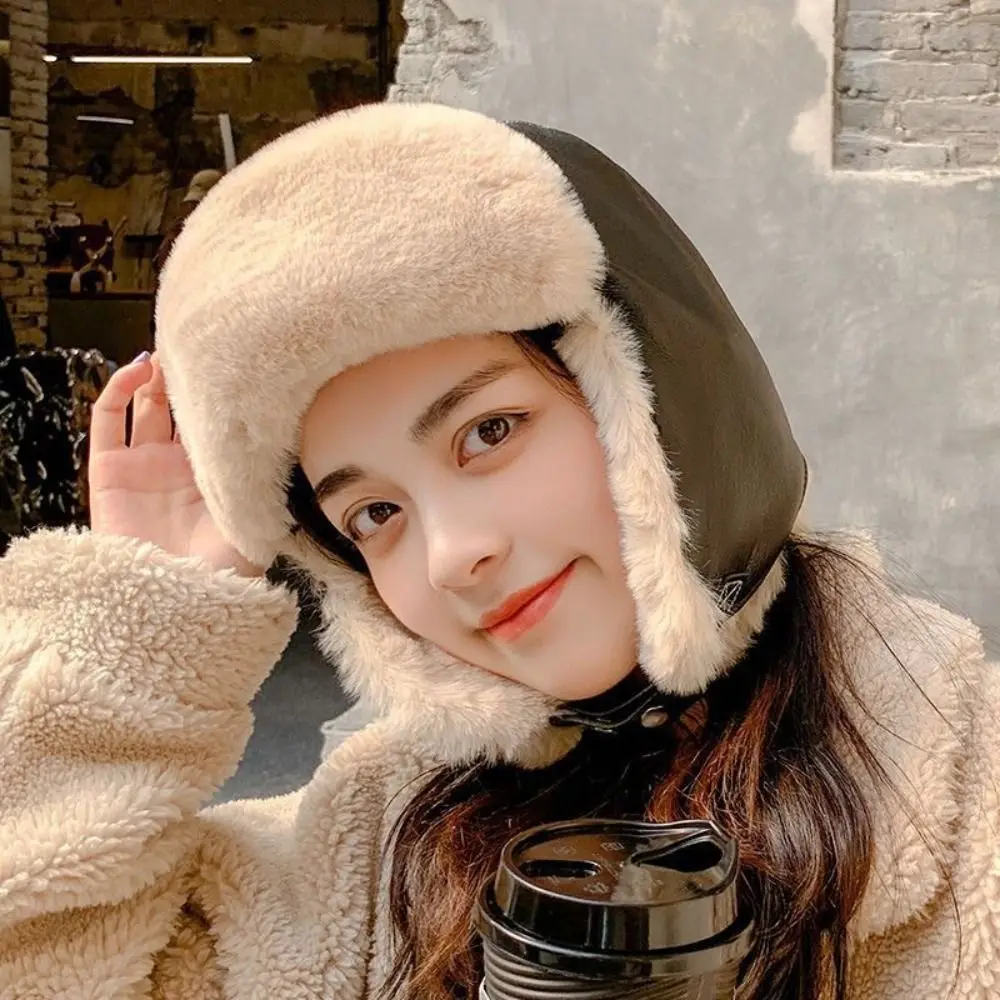 

Fashion Pu Leather Winter Pilot Hat Beanie Caps Anti Fog Cycling Lei Feng Hat Thickened Neck Protector Warm Ski Hat Skiing