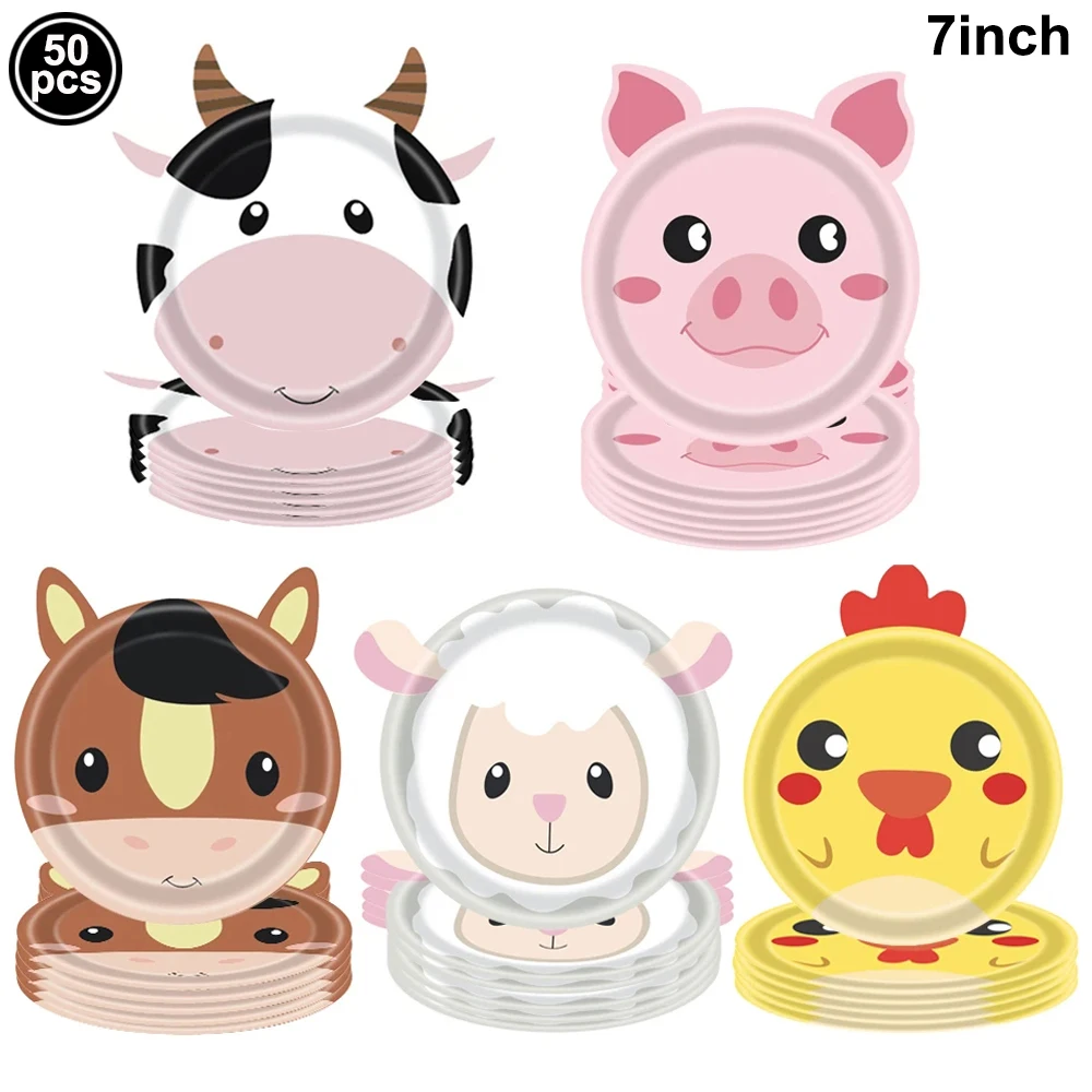 50pcs Farm Animals Plates Chick Cow Sheep Pig Disposable Paper Plates Barnyard Animals Birthday Party Supplies Plates Wholesale