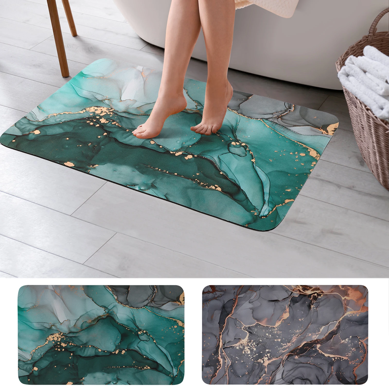 Ultra Thin Super Absorbent Bath Rugs Marble Pattern Non-Slip Bath Mat Soft Diatom Mud Carpet Doormat for Bathroom Tub Shower