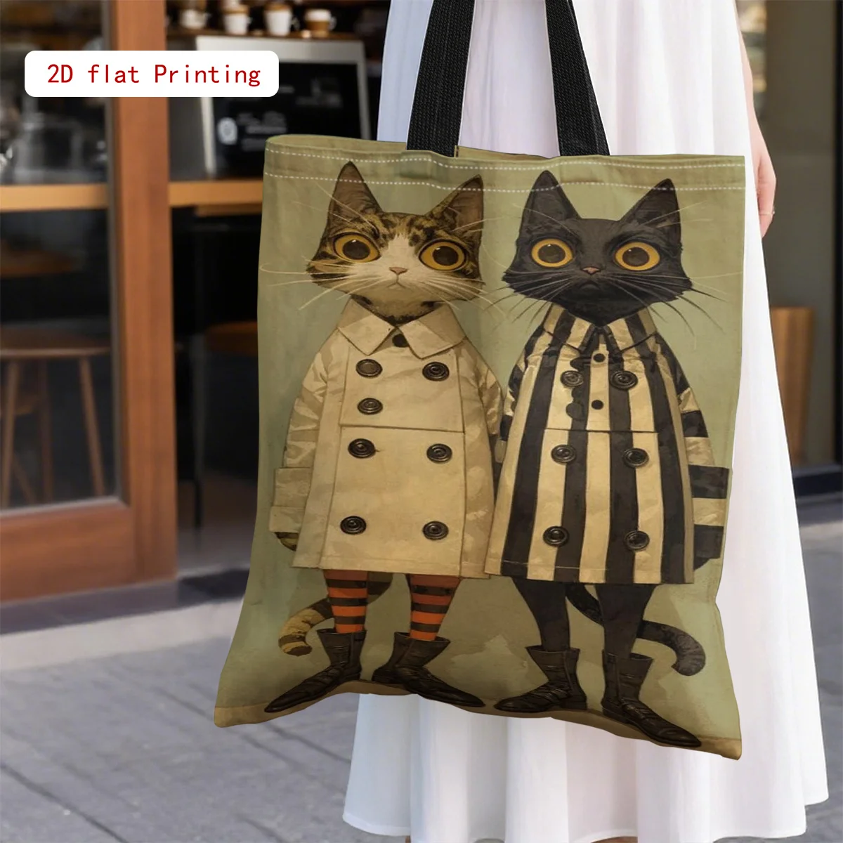 1pc Tote Bag • New Distressed Brown Bottom Vintage Striped Suit Cat Illustration Print • Suitable for Vintage Outfits
