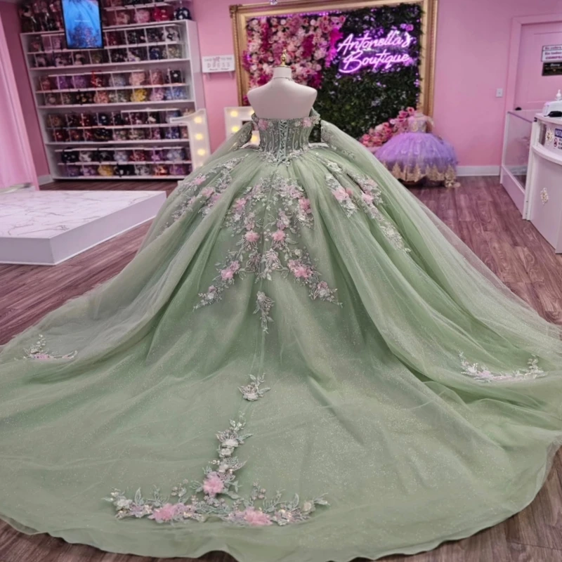 Grün glänzende Quinceanera-Kleider, schulterfrei, Applikation, Blumenperlen, Kristall, Tüll, Korsett, Party, Geburtstag, süßes 16-Kleid