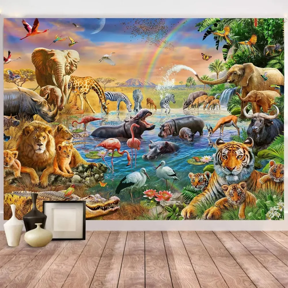 Forest Animal World Tiger Elephant Giraffe Theme Banner Backdrop, Children Birthday Party, Home Decoration Photography Backdrop