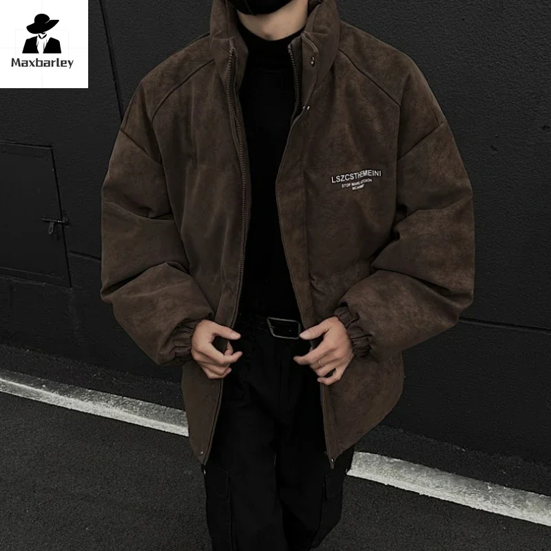 Men's Winter Jacket 2025 Harajuku Fashionable Deerskin Thick Warm Lapel Parka Casual Male Korean Style Windproof Padded Jacket