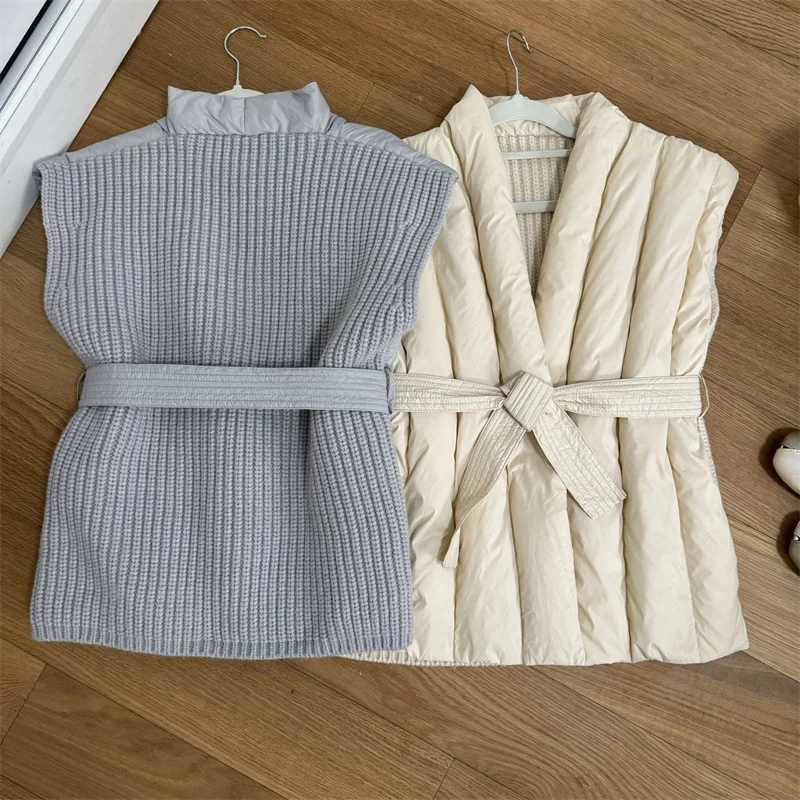 

Корейская версия, однотонный вязаный жилет из пряжи, хлопковый жилет, пальто для женщин, осень-зима, новый короткий жилет на шнуровке, куртка