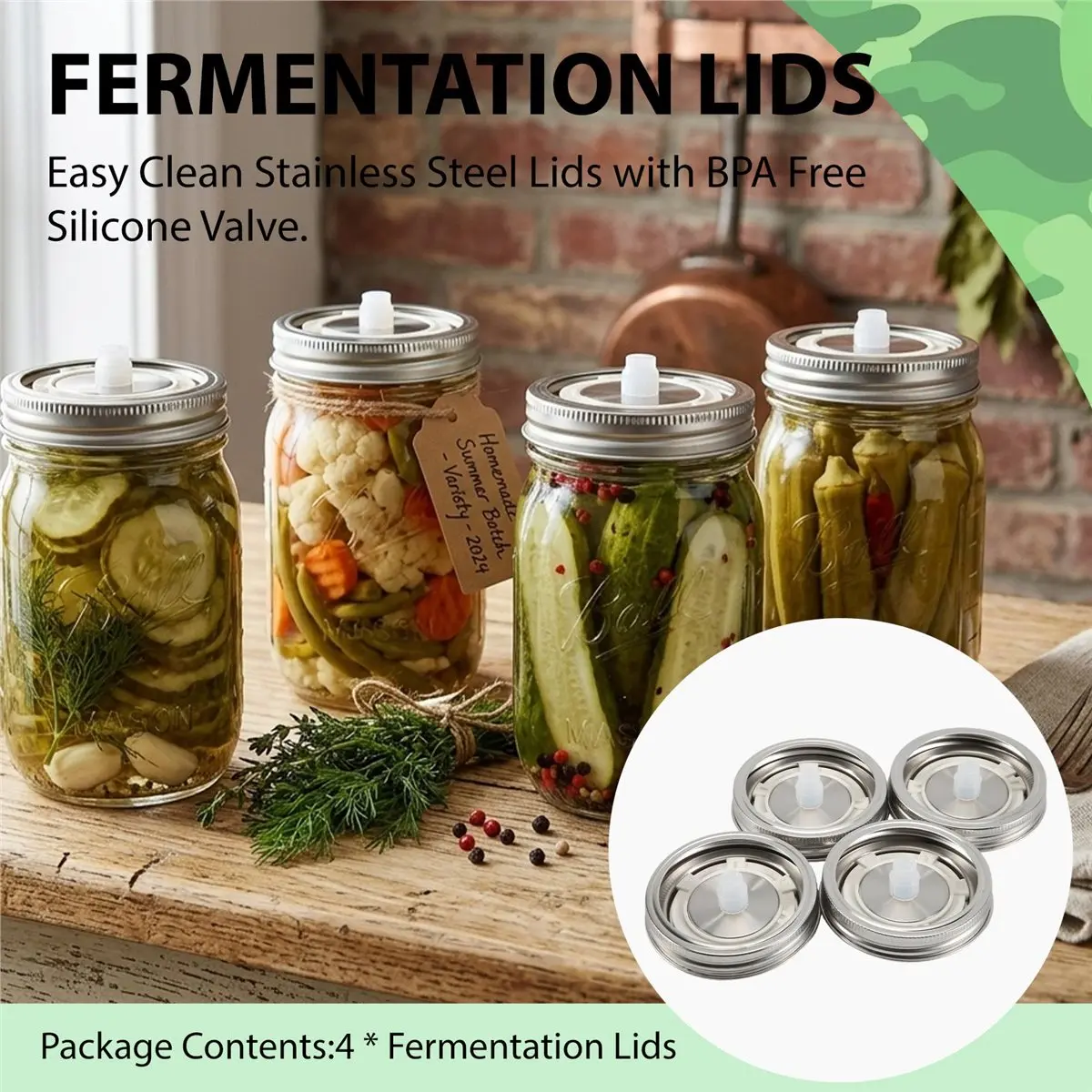 A08I Fermentation Lids for Wide Mouth Mason Jars, 4 Stainless Steel Lids with Date Tracking, Starter Fermentation Kit