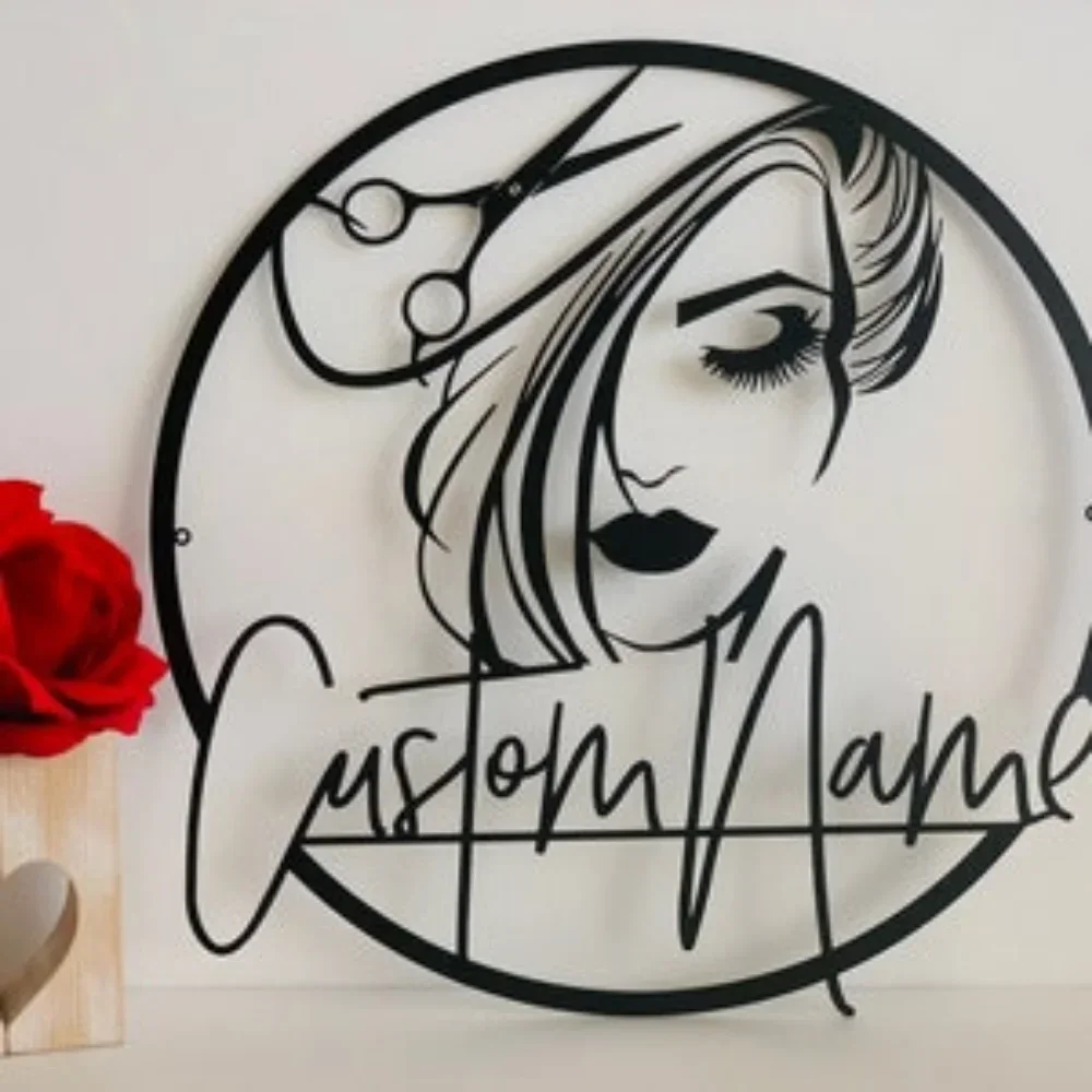 Personalized Hair Dresser Sign Custom Stylist Name Logo Woman Face Salon Metal Wall Art for Hairstyle Shop Gift Her vibrator