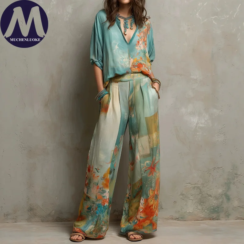 Damen Sommer Mode-Set Elegantes Bedrucktes Dreiviertel-Ärmel-Oberteil mit Weiten Hosen Lässiges 2-Teiliges Outfit