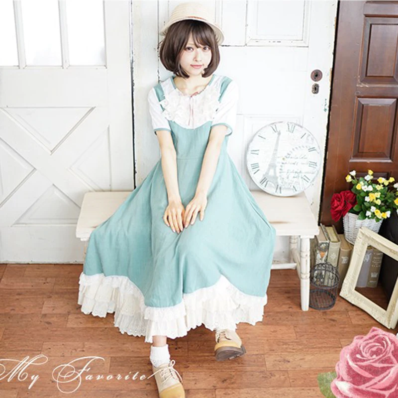 일본 모리 소녀 반팔 드레스 여성 의류 살구 녹색 레이스 자수 카와이 공주 긴 요정 드레스 A034