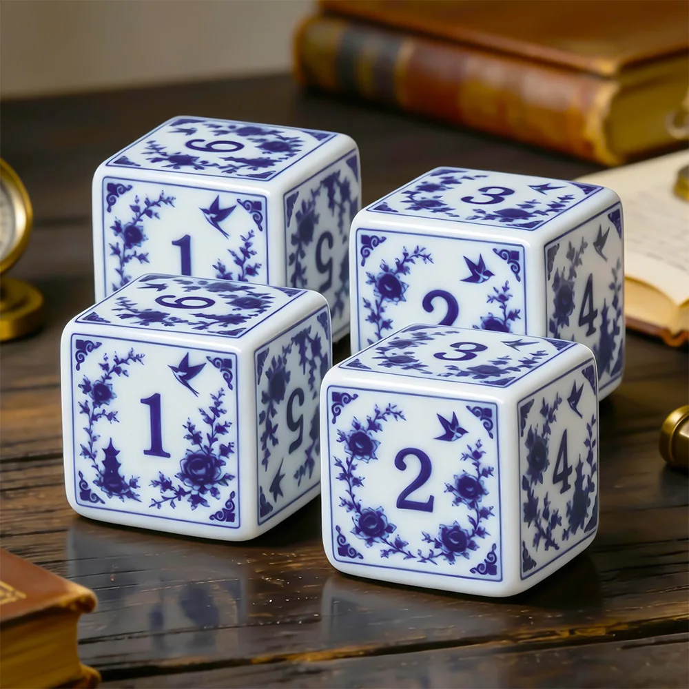 4PCS Blue White Floral Pattern Dice Set, Chinese Style Acrylic D6 Dice for Board Games, Tabletop, Family Party & Gifts