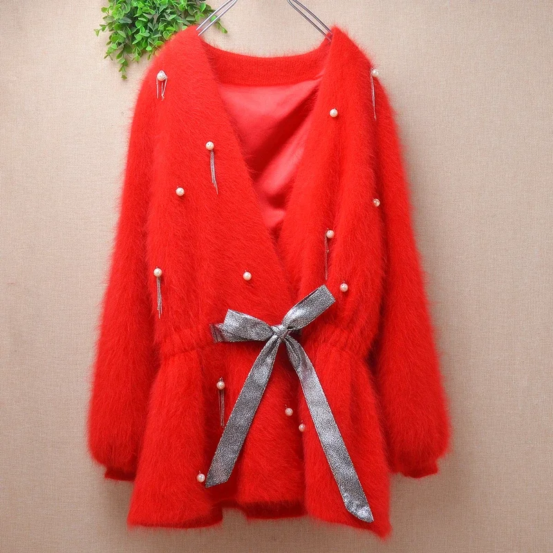 

Ladies Women Fall Winter Clothes Beading Red Hairy Mink Cashmere Knitted Long Sleeves Belt V-Neck Loose Cardigans Sweater Jacket
