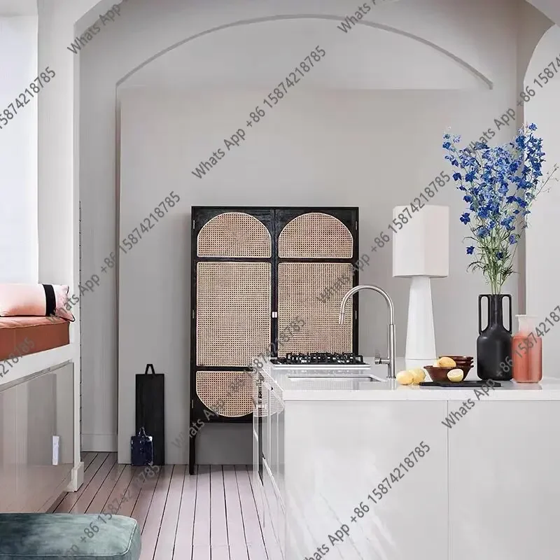 AA Solid Wood Wardrobe Retro Storage Cabinet Black Decoration  Braided Rattan Can Be Customized Furniture