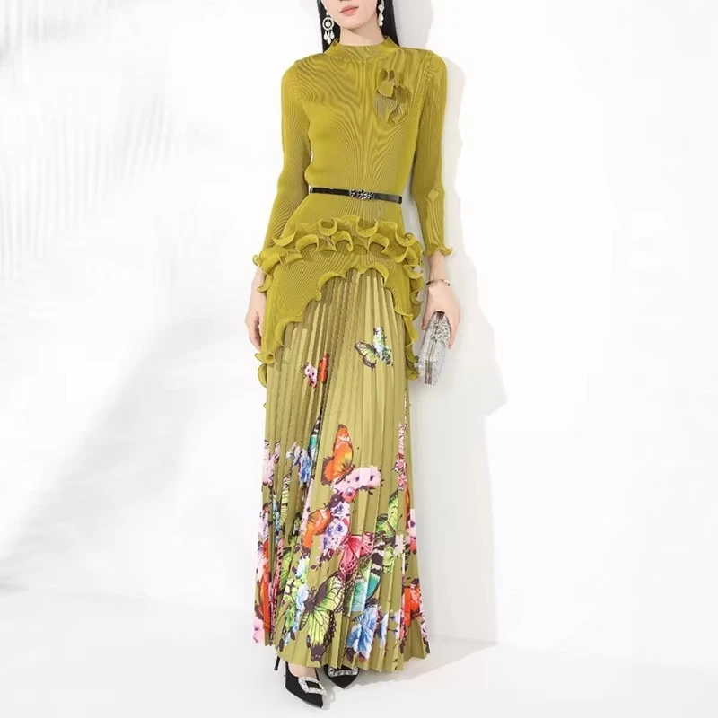 

ANLAN Fashion Pleated Folds Two Piece Sets Women's Long Sleeve Irregular Tops Printed Skirts 2025 Summer New Tide 2AN3611
