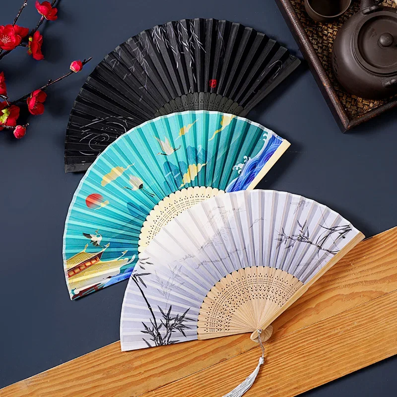 

Vintage Silk Folding Fan Retro Chinese Japanese Bamboo Tassel Plum Blossom Dance Hand Fan Gift Craft Ornament Home Decoration