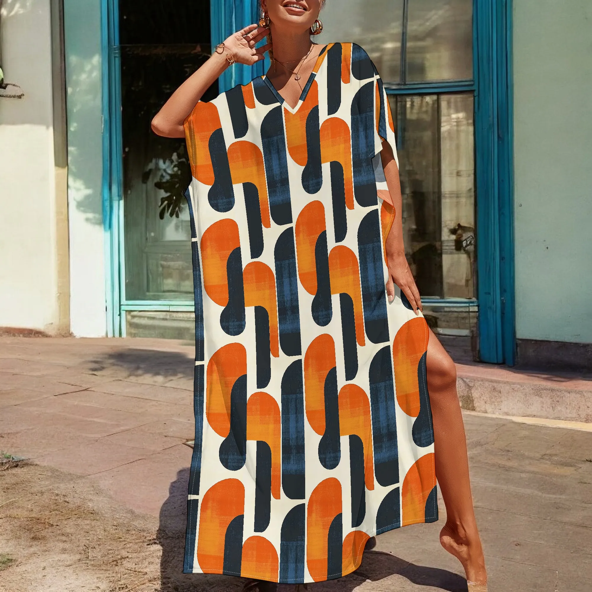 

Abstract Geometric Kaftan Dress S-3XL Afro Style V-Neck Loose Gown for Summer Vacation or Art Festival
