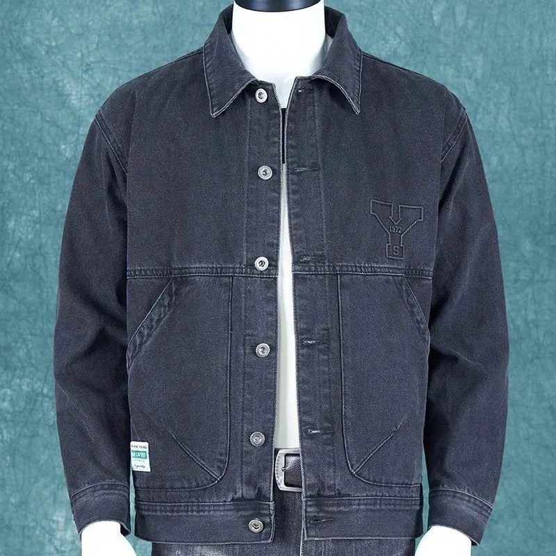 Immagine 5: Giacca di jeans da uomo, stile vintage, taglio aderente, ideale per la primavera e l’autunno, con molteplici tasche, adatta per il lavoro, per il tempo libero e per un look casual e urbano.