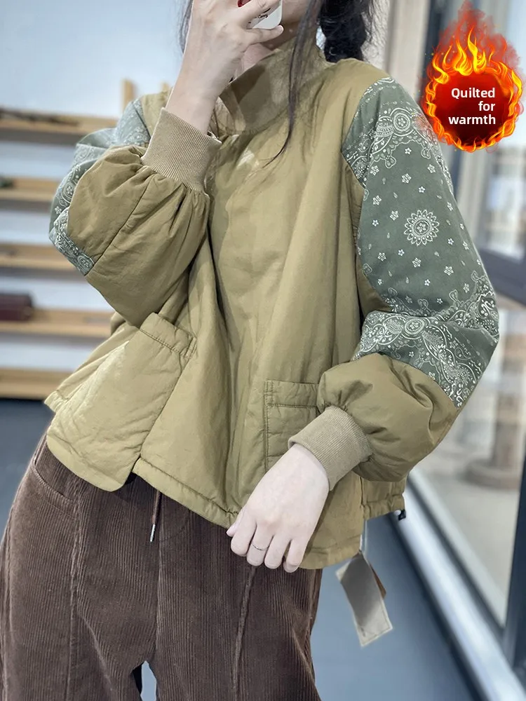 Retro Contrast Color Print Splicing Faion Sweatirt Winter Large Size Women's f High Collar Sli Jaet Casual Cotto...