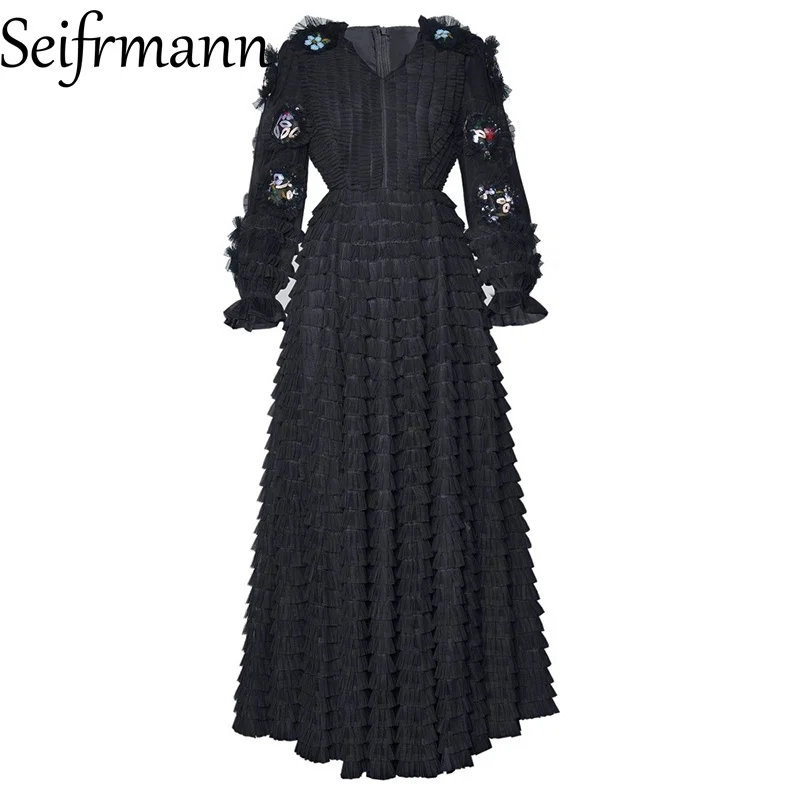 

Seifrmann 2026 Spring Women's New Fashionable V-necksequin three-dimensional flower Waist Cinching Dress