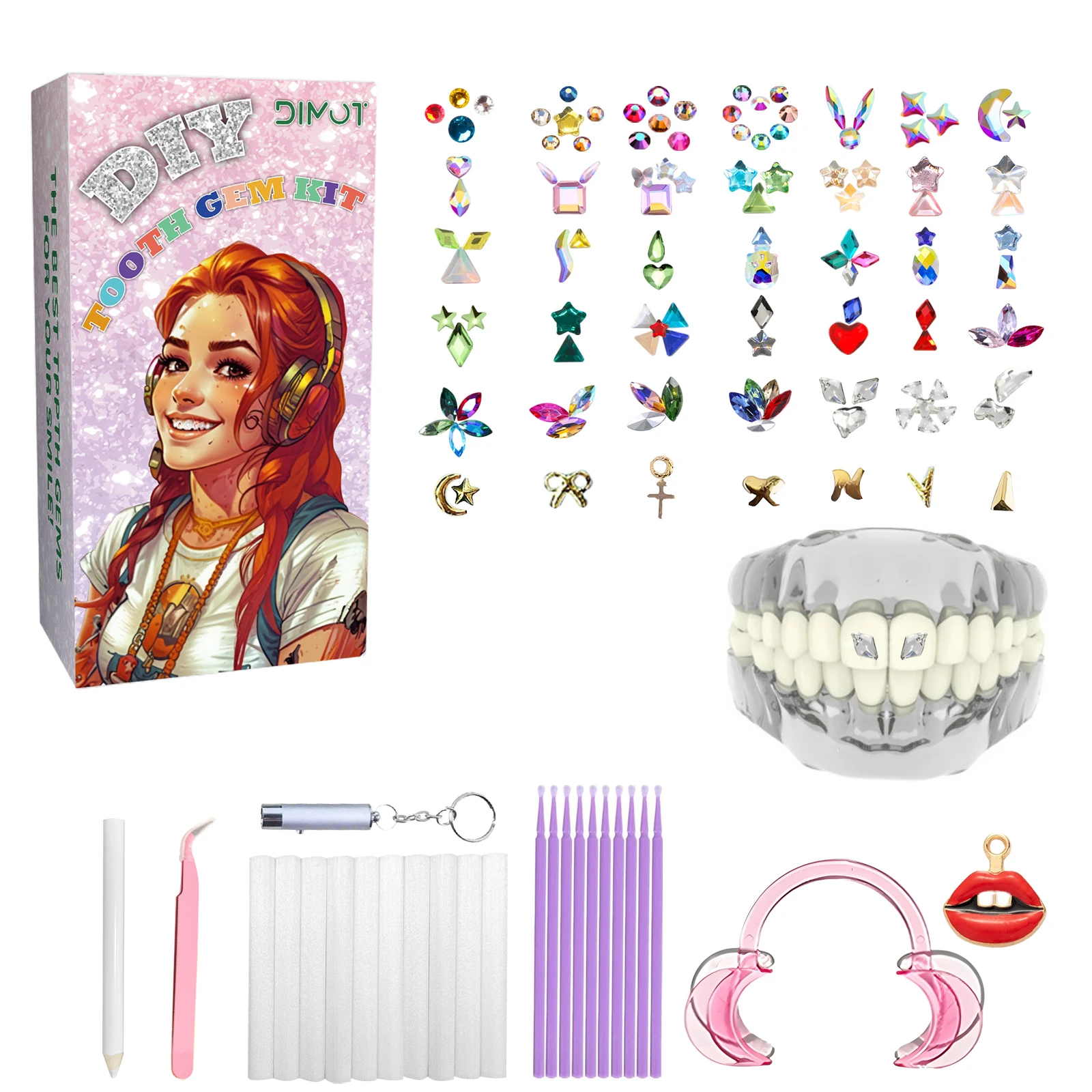 

Easy Apply Tooth Gems Kit with Dental Glue Multiple Shapes Colors DIY Teeth Jewelry for Safe Removable Decoration