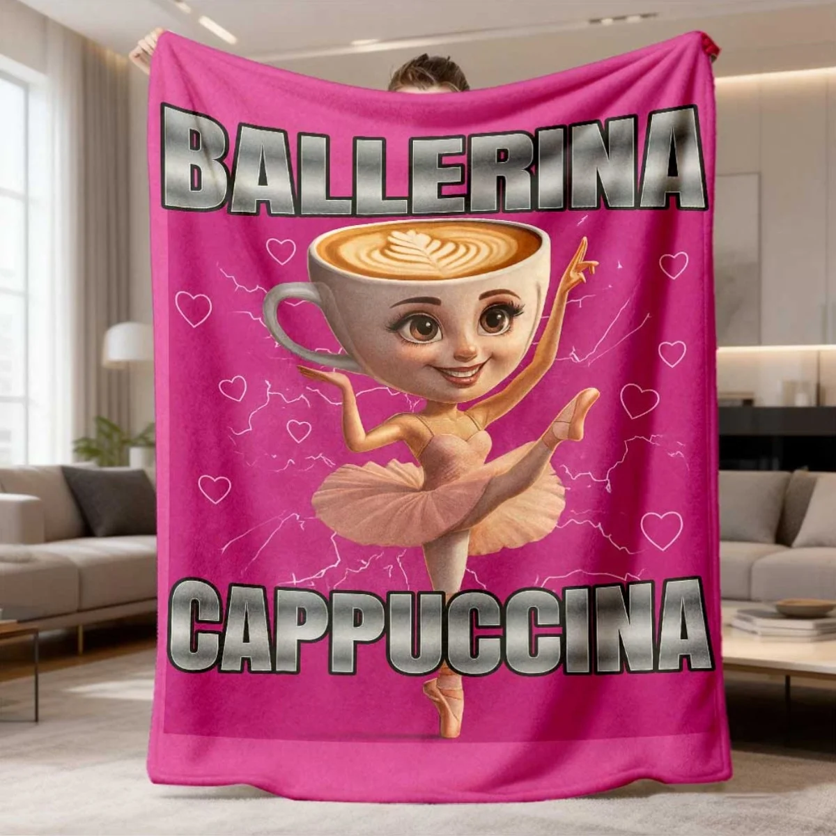 1pc Italian Brainrot Cartoon Flannel Blanket | Soft Flannel Sofa Throw with Coffee Cup & Heart Design, Lightweight 200-250gsm, A