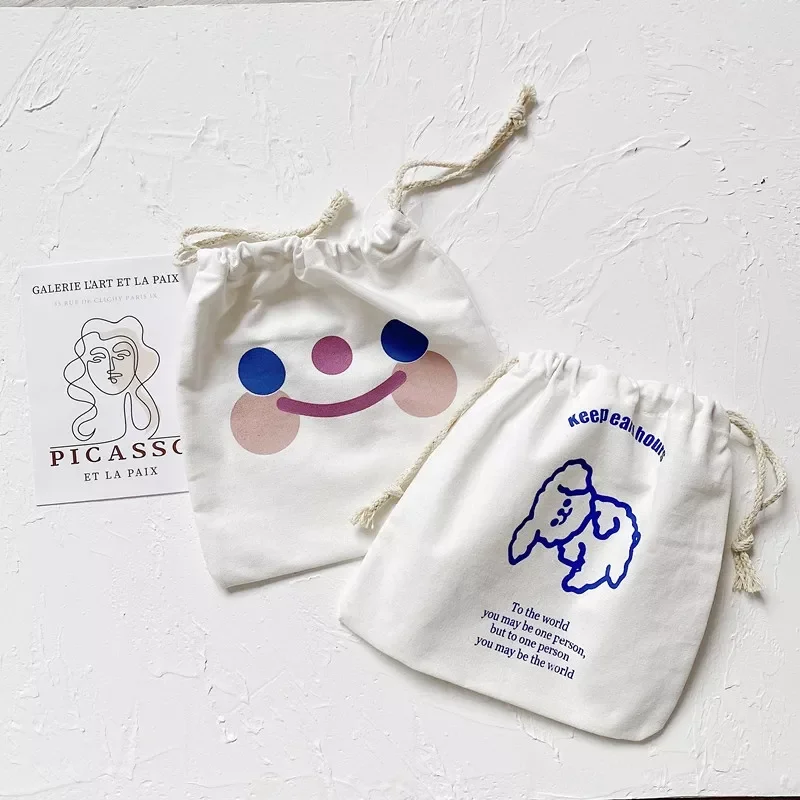 100pcs/Lot Wholesale Custom Logo Printed Canvas Small Organic Cotton Bags for Children Kids Muslin Drawstring Gift Packaging