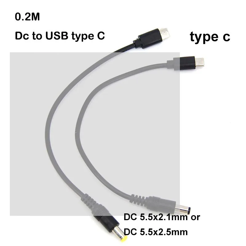 20cm USB Type C Male to DC Male 5.5X2.5mm 5.5x2.1mm 5V 3A 15W USB C Power Jack Extension Charge Cable Charging for camera Router