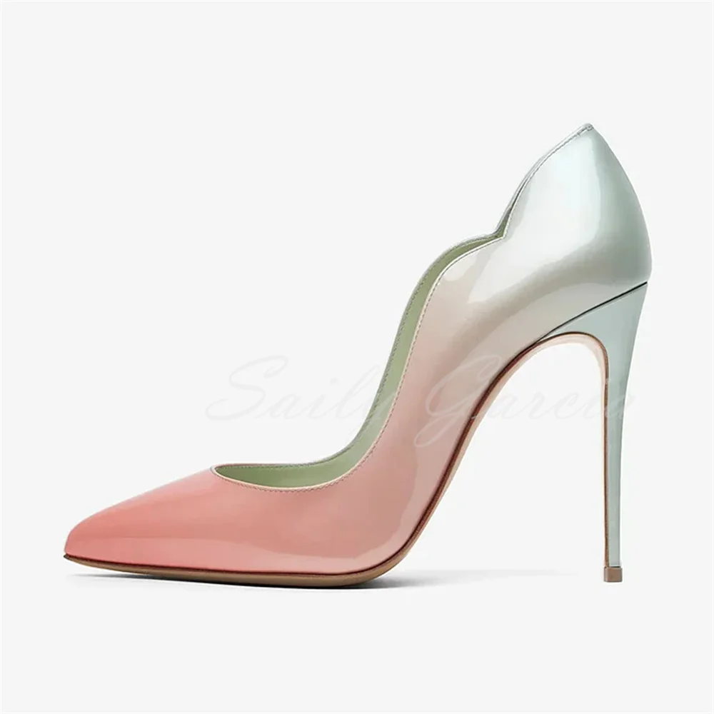 

Светло-розовые и светло-зеленые туфли-лодочки с градиентом, заостренным носком и изогнутым краем, женские сексуальные туфли на шпильке, элегантные туфли для вечеринок.