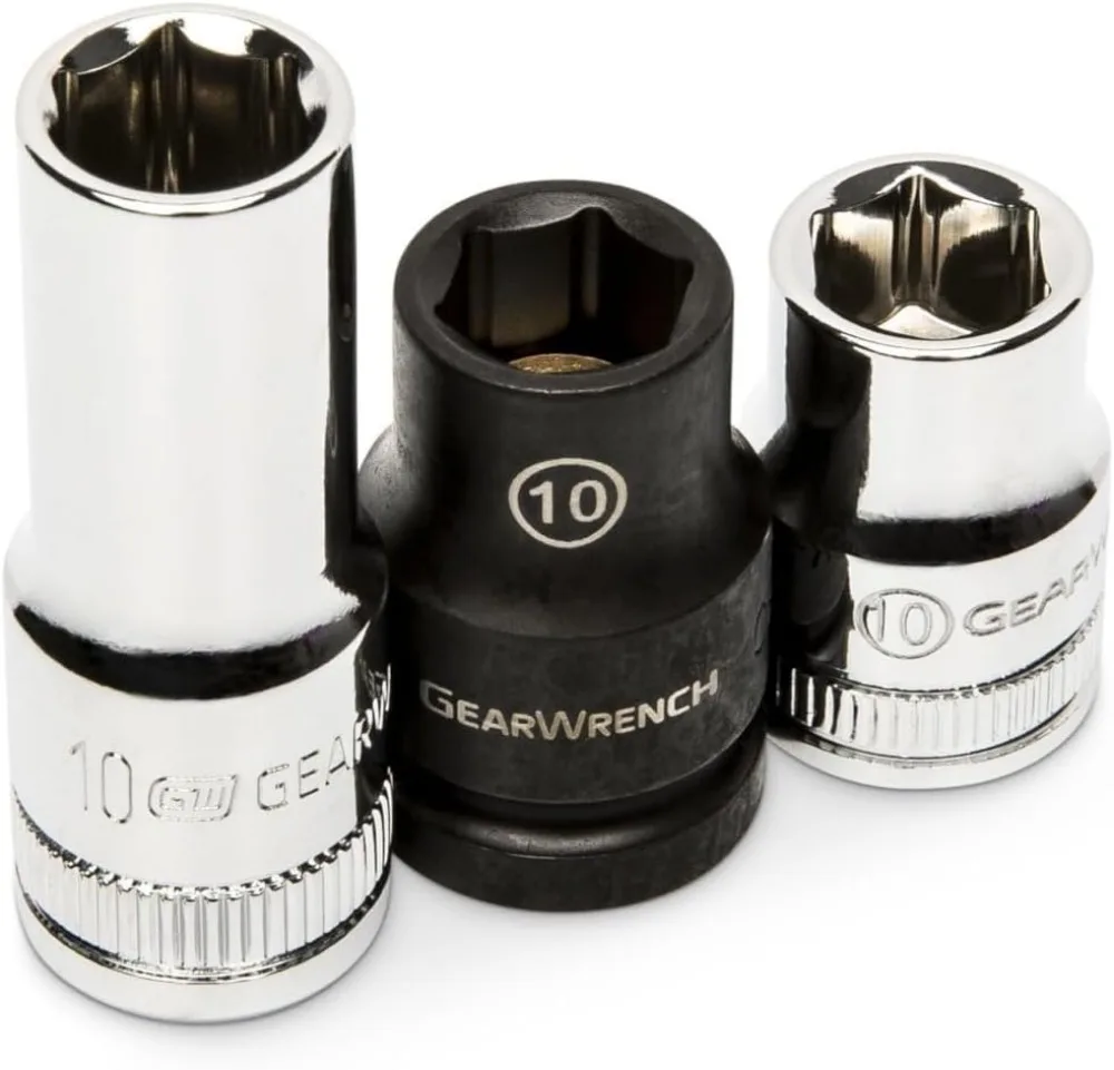 Set di 10 bussole a 6 punte con attacco da 1/4" e 3/8" con diversi tipi di prese, dimensioni 10 mm