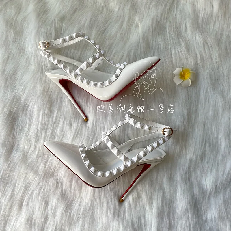 Duży rabat 2025 New Brand Designer Pure White Patent Two Stud Straps Women Lady Hot Small Plus Size 45 High Heel Slingback