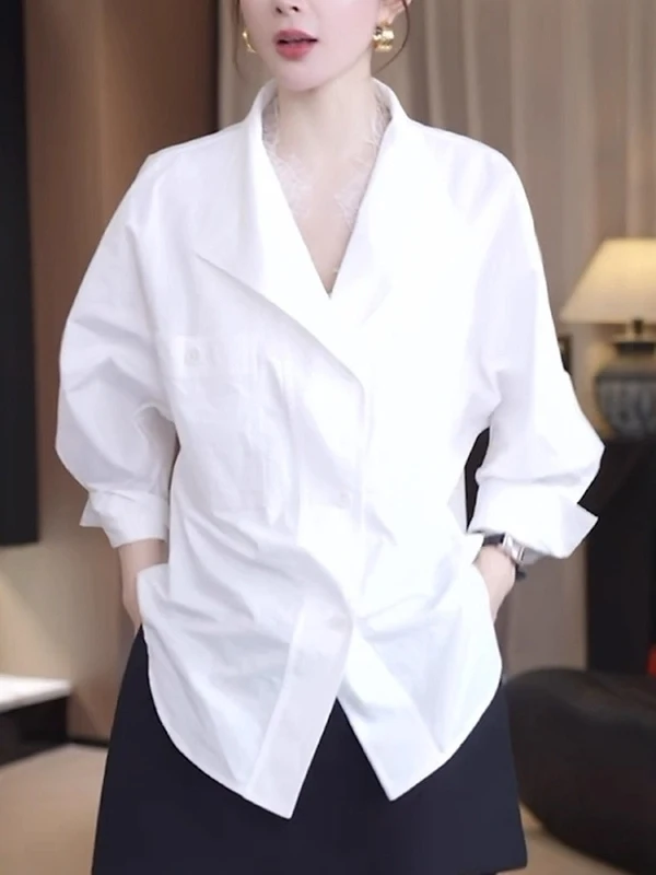 

Faionable White Long Sve irt Женская утягивающая верхняя одежда больших размеров с воротником-стойкой в стиле ретро, дышащая, приятная для кожи повседневная одежда