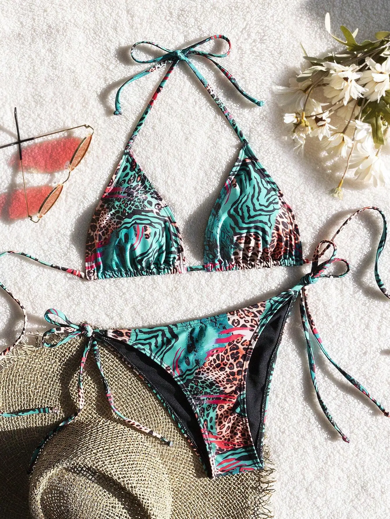 

Sexy Leopard Print Tie Side Bikini Set Halter Triangle Top Low Waist