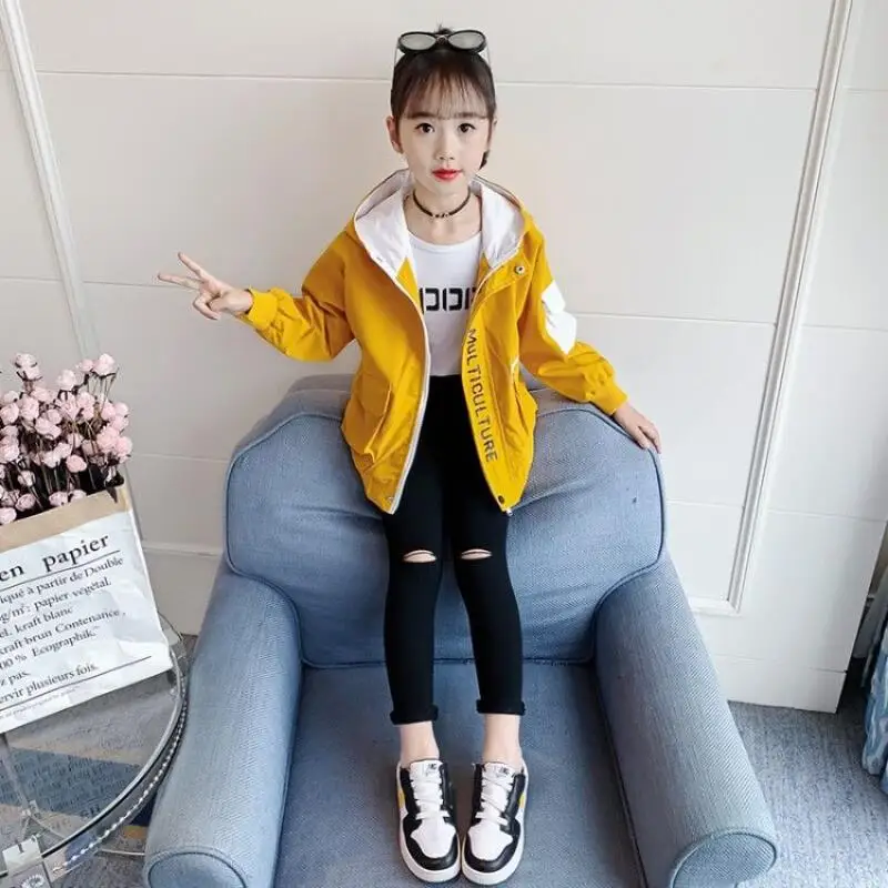 Kawaii Girl Fashion Coat Spring and Autumn Student Casual Cartoon Hooded Zipper Long Sleeves Jacket Tops Children's Clothing