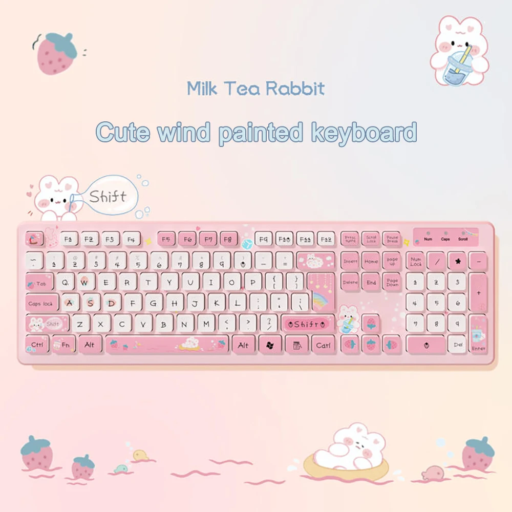 Kawaii Wired Keyboards Pink Wireless Keyboard Gaming Accessories Cartoon Cute Chocolate Mute Keyboard Notebook Desktop Computer