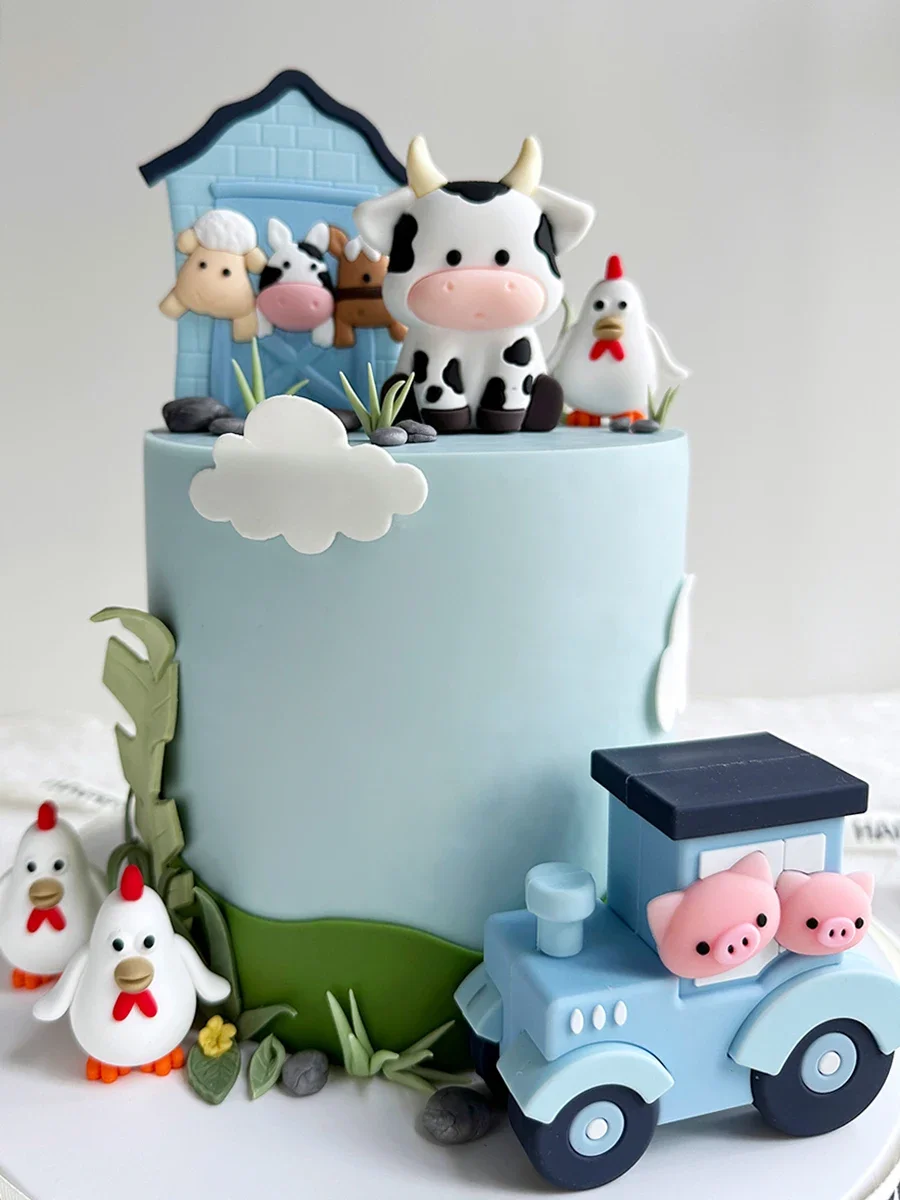 Decorazione per torta di animali da fattoria bambini buon compleanno argilla mucca pulcino fatto a mano Cake Topper bambini Baby Shower forniture