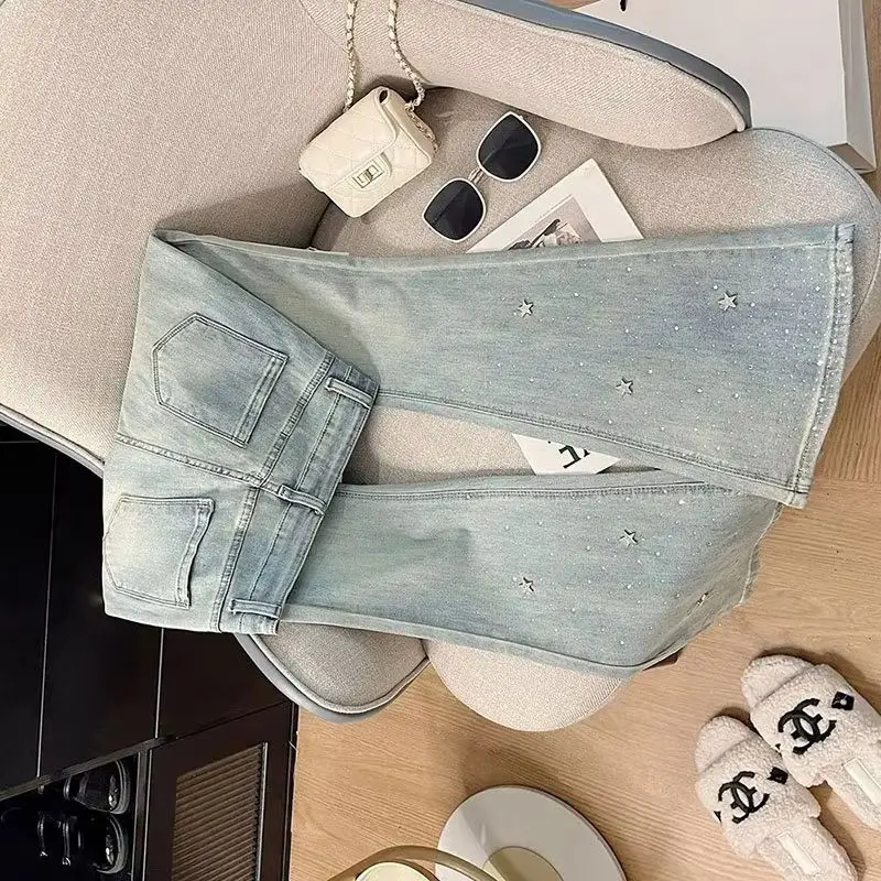 

Ladies New Star Rhinestone Sparkling Light Blue Jeans Women's Spring And Summer High Waist Slim Elastic Micro Trumpet Jeans
