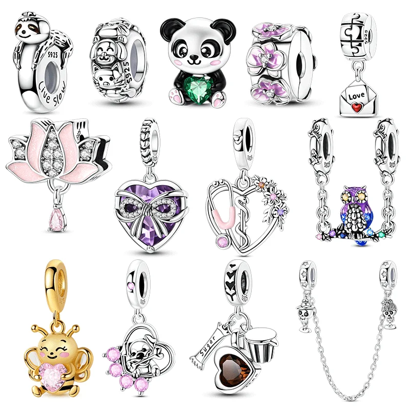 

Cute Panda Charms Bead Original 925 Sterling Silver Inlaid Zirconium Colorful Heart Pendants Fit Bracelet Jewelry Gift Marking