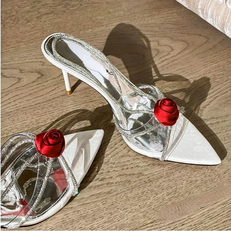 Sexy Rose Blume Strass Sling back Frauen Sandalen schmales Band spitzen Zehen zurück Riemen High Heels Luxus Hochzeits kleid Schuhe