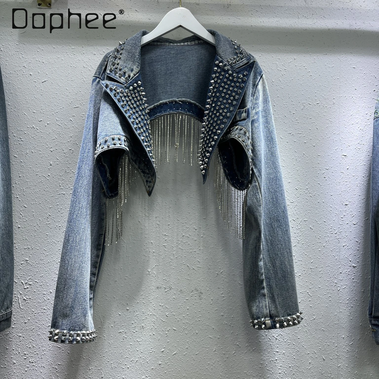 

Hot Girls Rhinestones Tassel Rivets Crop Jean Jackets for Women 2024 Spring New Women's Diamonds Long Sleeve Denim Coat Trendy