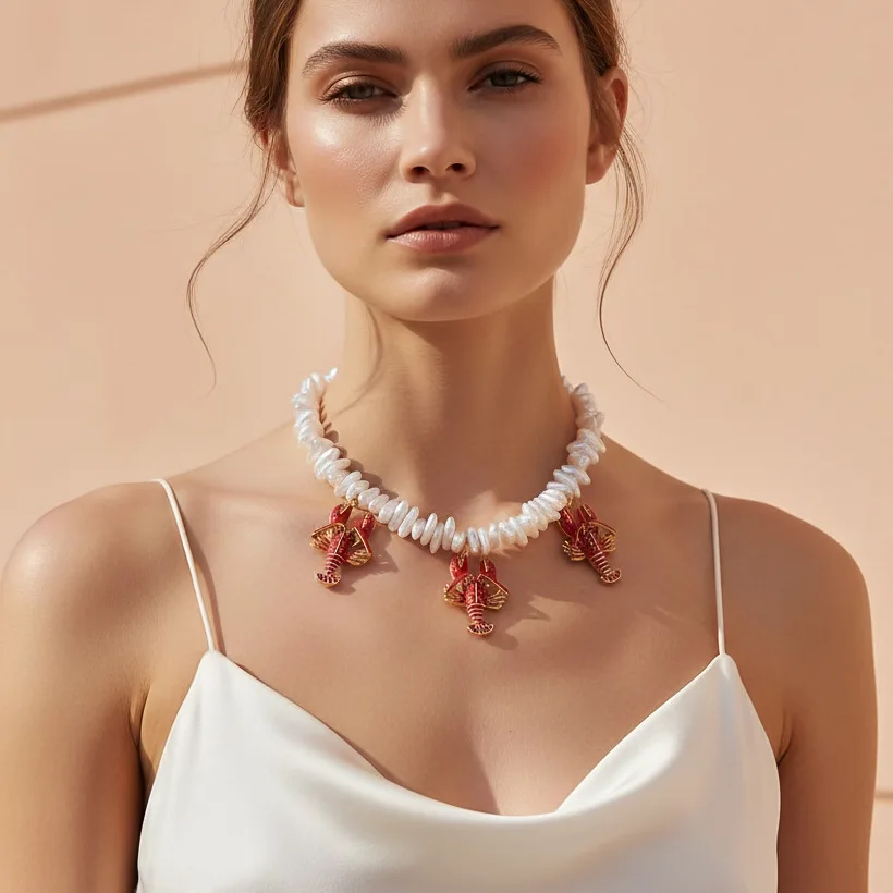 Fashion Baroque Pearl Oil Dripping Lobster Necklace Vacation Wind Beaded Diamond Ocean Animal Collarbone Necklace