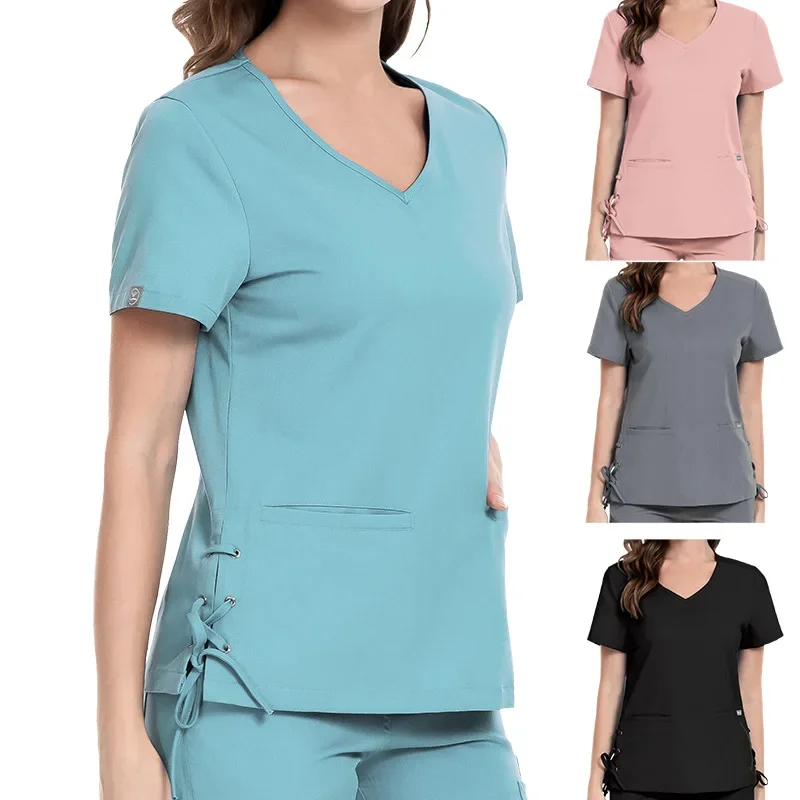 Large Size Short Sleeve Tops+Pants Scrub Sets V-neck Fashion Medical Operating Room Split Uniforms Beauty Salon Overalls