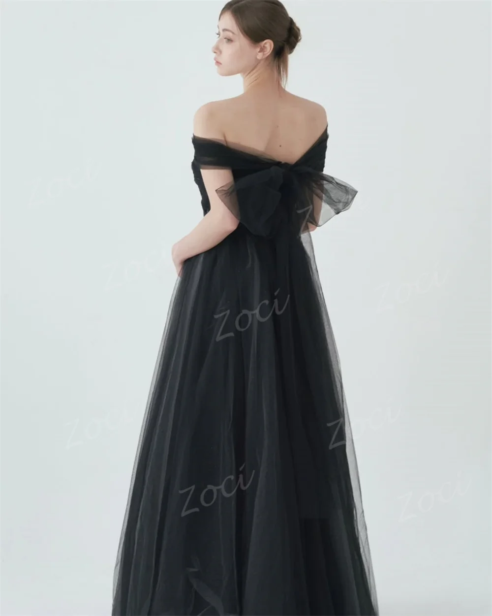 Zoci-vestidos de fiesta de boda de Corea, sencillos, sin tirantes, negros, personalizados, con hombros descubiertos, línea A, vestido de noche de tul, vestido de fiesta para ocasión