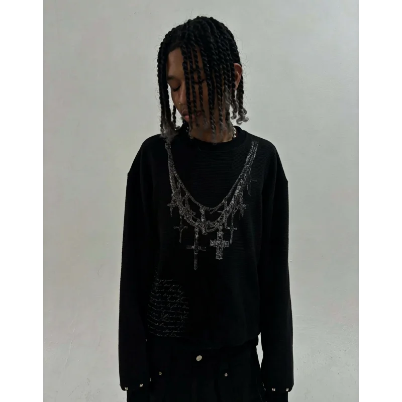 Retro style black cross necklace printed waffle knit long sleeved top, loose Y2K millennium dark style versatile top