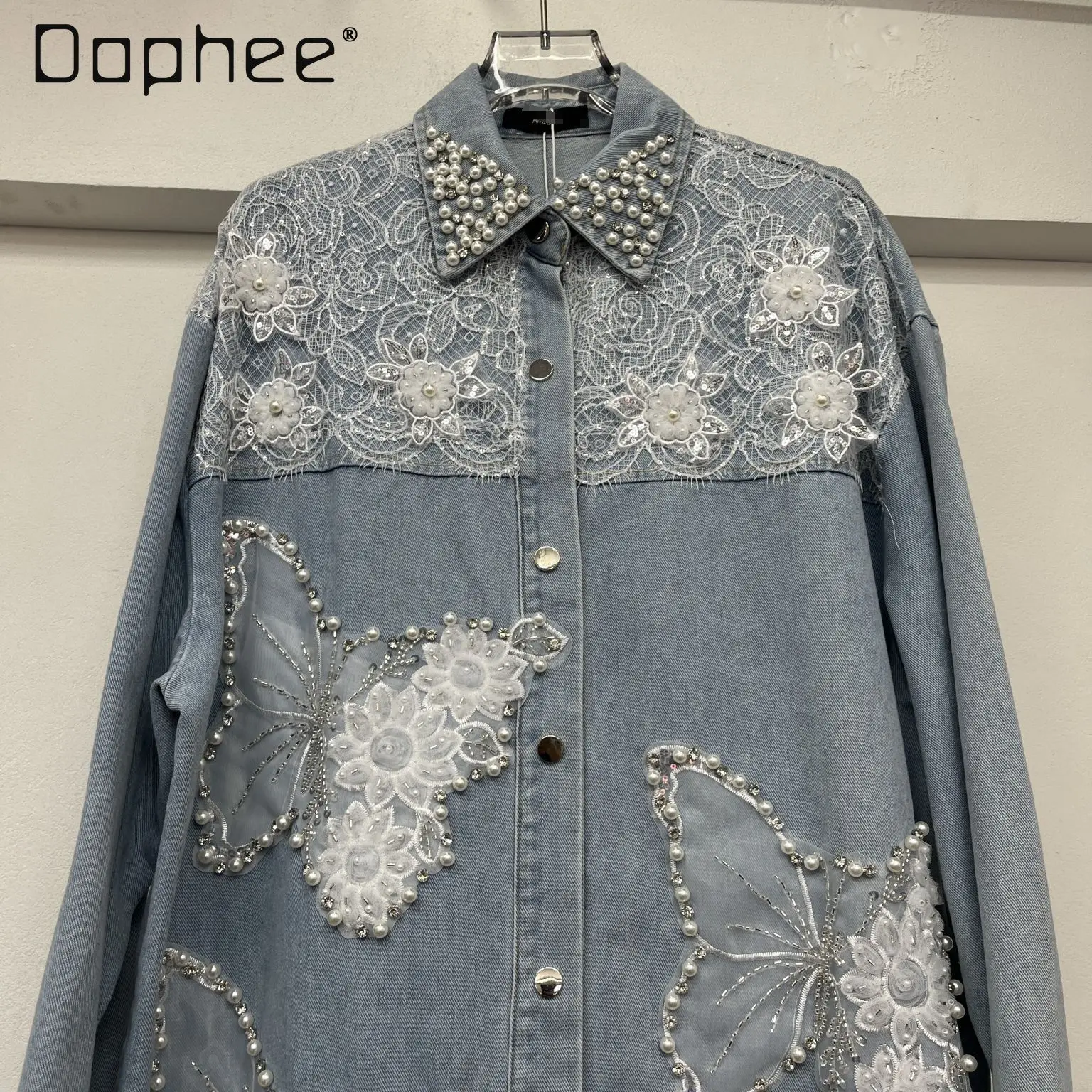 2025 Summer New European Station Butterfly Embroidery Lace Rhinestone Lapel Denim Jacket Top Women Fashion Oversized Jean Jacket