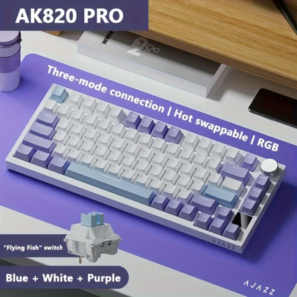 

Ajazz AK820Pro Keyboard Gaming Mechanical Keyboard Bluetooth/Wireless/C-Wired Customized Keyboard with Knob Hot Swapping Gasket