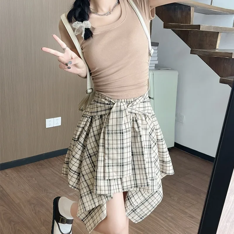Classic Irregular Plaid Skirt Summer Women Fashion Shirt Skirts Slim Sheath Dress Sweet Preppy Style Dresses All Match Bottoms