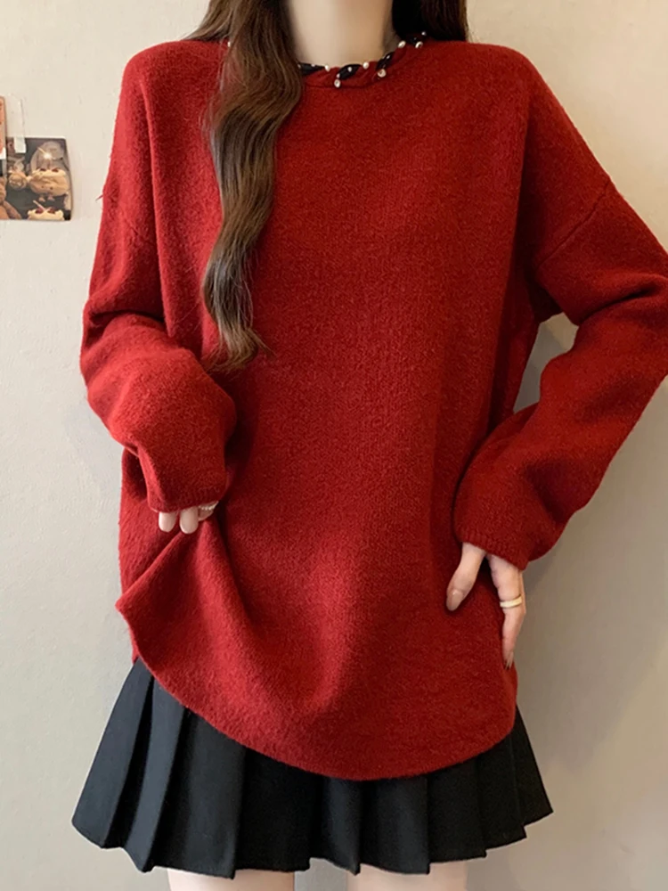 

Красный вязаный свитер с длинными рукавами для женщин, свободный базовый топ, повседневный стиль, зимняя мода, новинка, дизайн с узлами