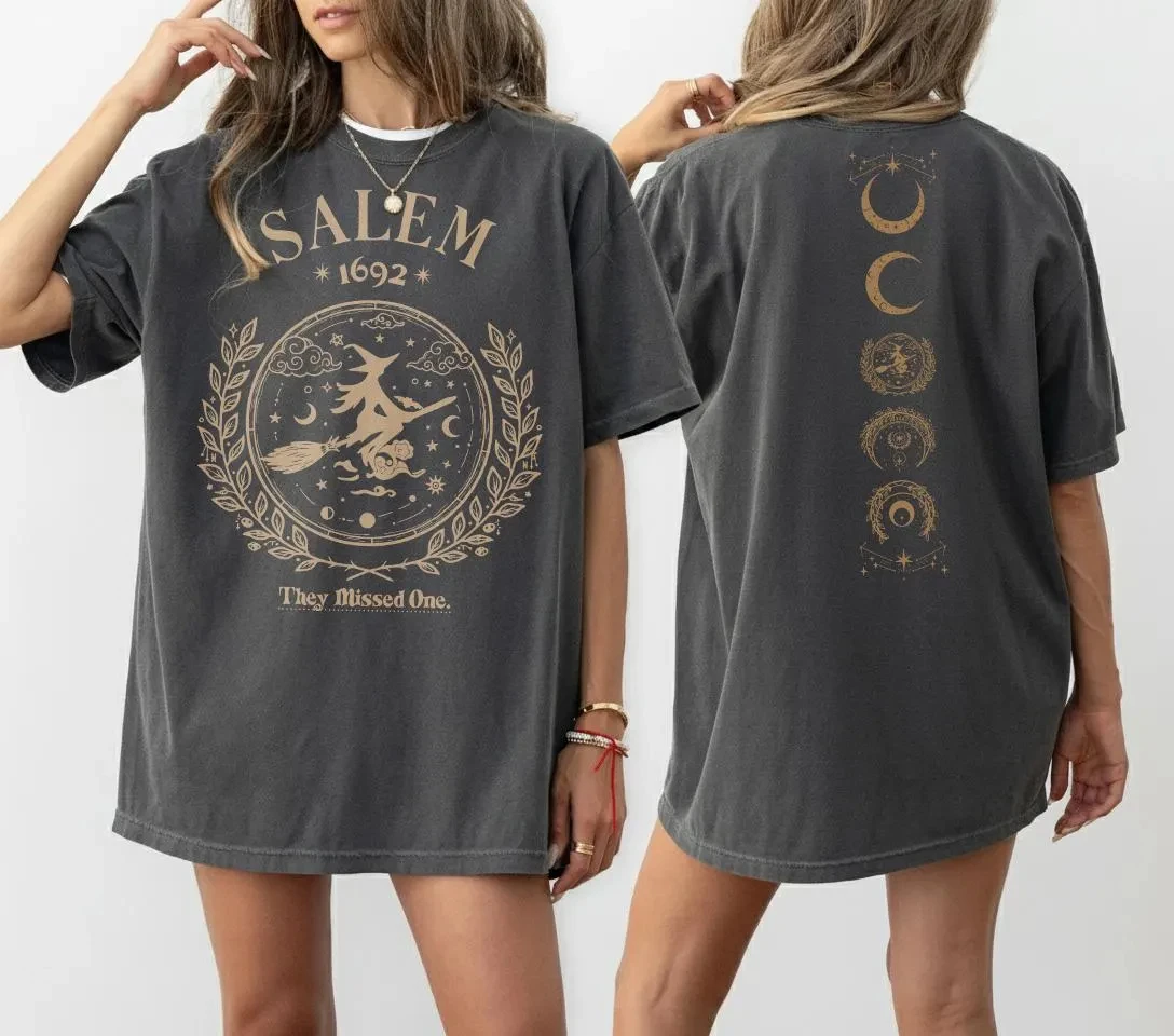 Summer Women's Salem Witch  Print T-shirt Cotton and Breathable Short Sleeve Streetwear Oversized Loose Casual