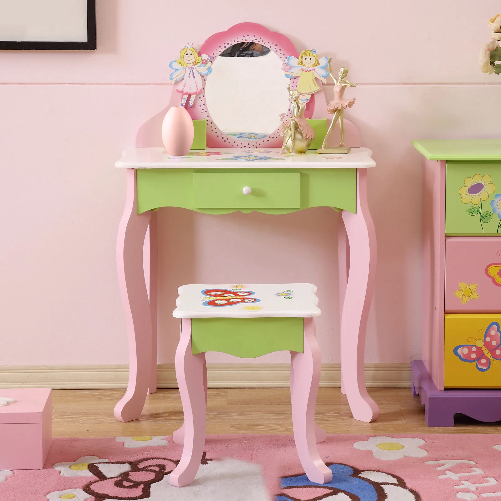 Toddler Girls Makeup Dressing Table Pretend Vanity Set Wooden Kids Vanity Set Makeup Table Chair Set with Mirror Drawer