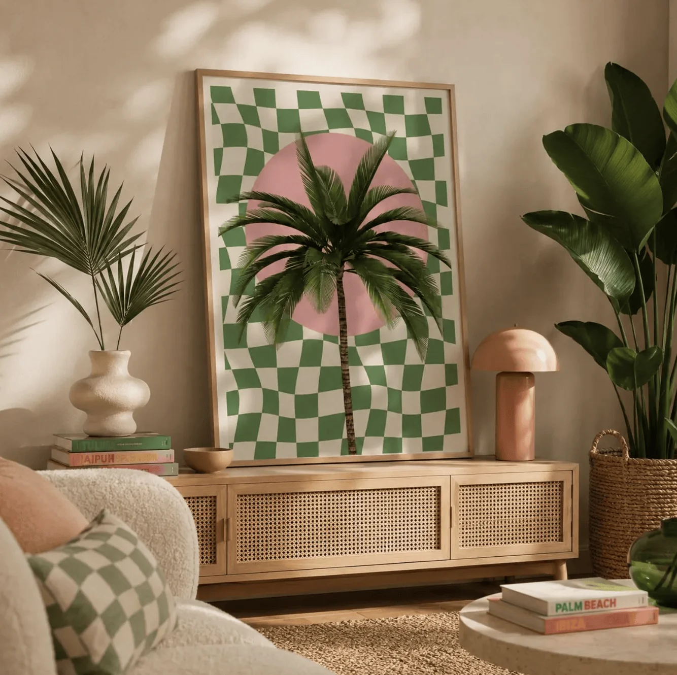 Green Checker Palm Tree Wall Art Canvas Prints, Boho Tropical Posters, Modern Decor for Living Room Bedroom Office Decor