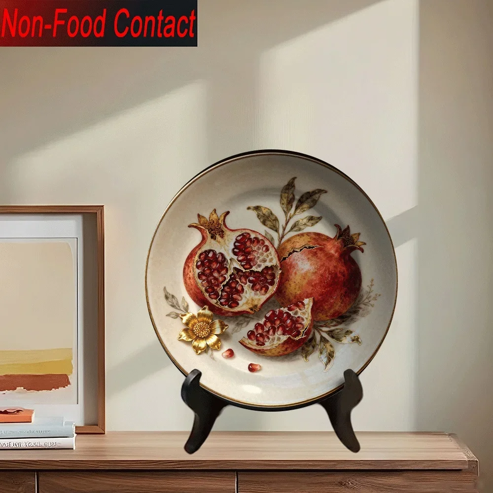 2D Flat, 1pc Ceramic Decorative Plate with Pomegranate Design - Classic Round Tabletop Art Piece for Home, Living Room,