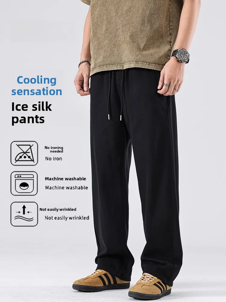 

MMOPTOP American Sle Waed Casual Pants Men Summer New Vintage Loose Thin Ice Silk Straight Leg Pants Breathable Youthful